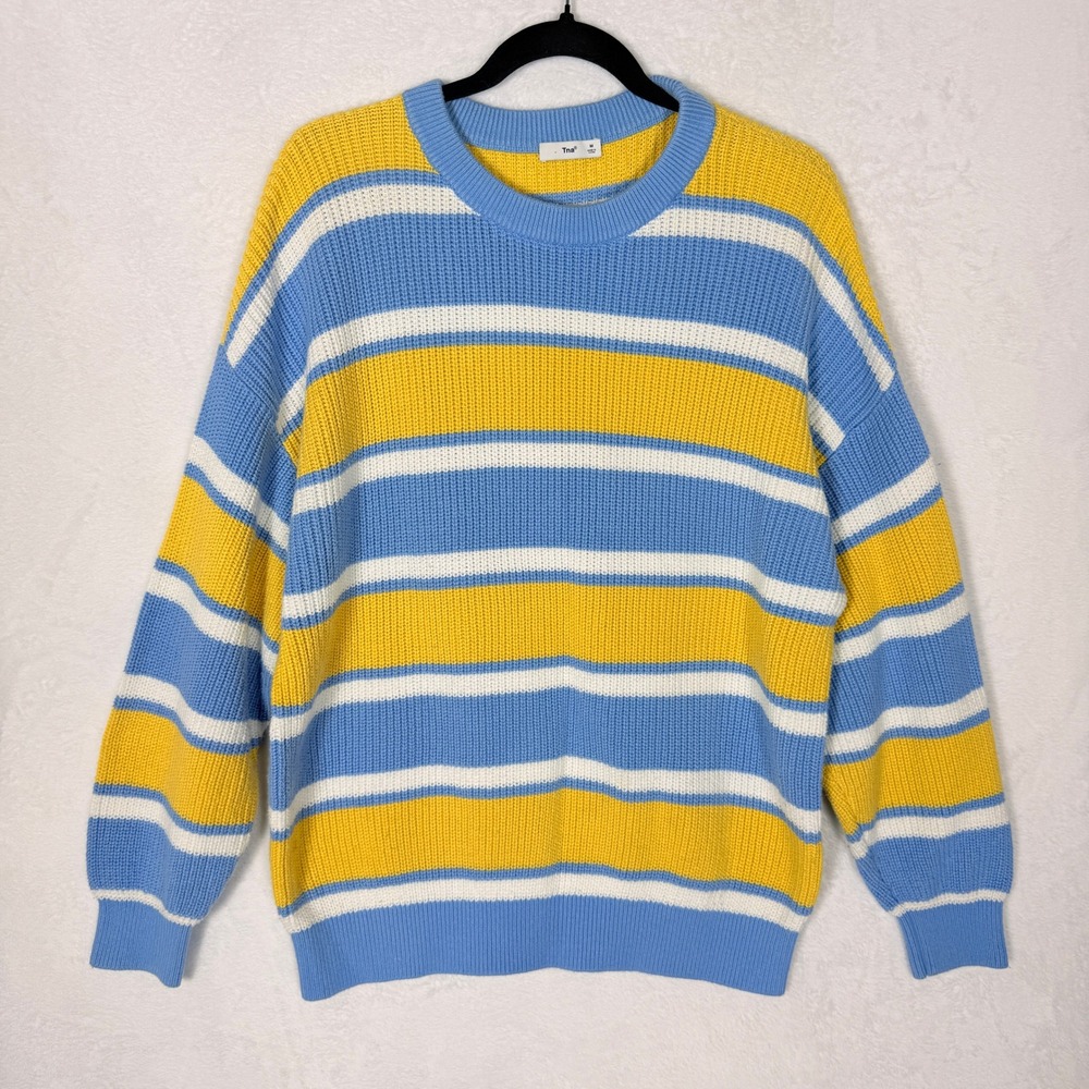 Tna Aritzia Striped Crew Neck Heavy Weight Sweater Yellow Blue White Cotton Med